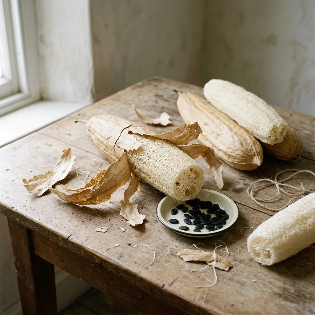 Épluchage d'une courge éponge séchée (Luffa aegyptiaca) libérant la fibre et les graines — SemiSauvage