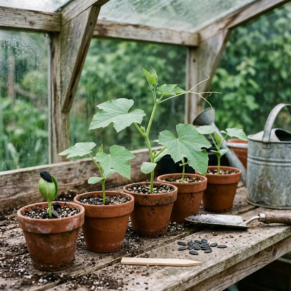 Jeunes semis de courge éponge (Luffa aegyptiaca) en godets de terre cuite — SemiSauvage