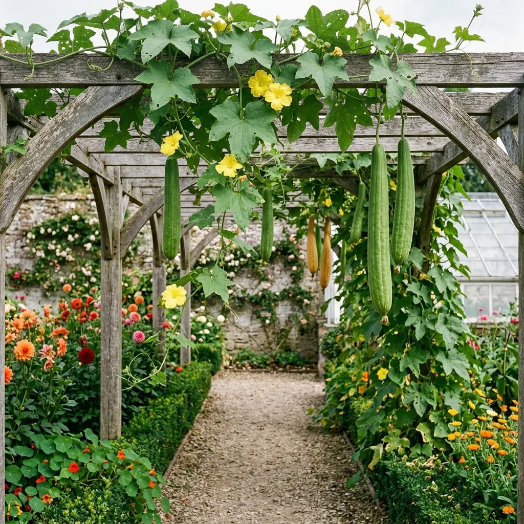 Courge éponge (Luffa aegyptiaca) palissée sur une pergola dans un potager d'ornement — SemiSauvage