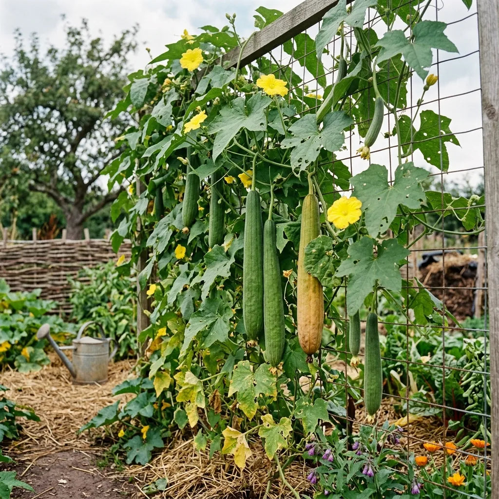 Courge éponge (Luffa aegyptiaca) grimpant sur un treillage dans un potager en permaculture — SemiSauvage