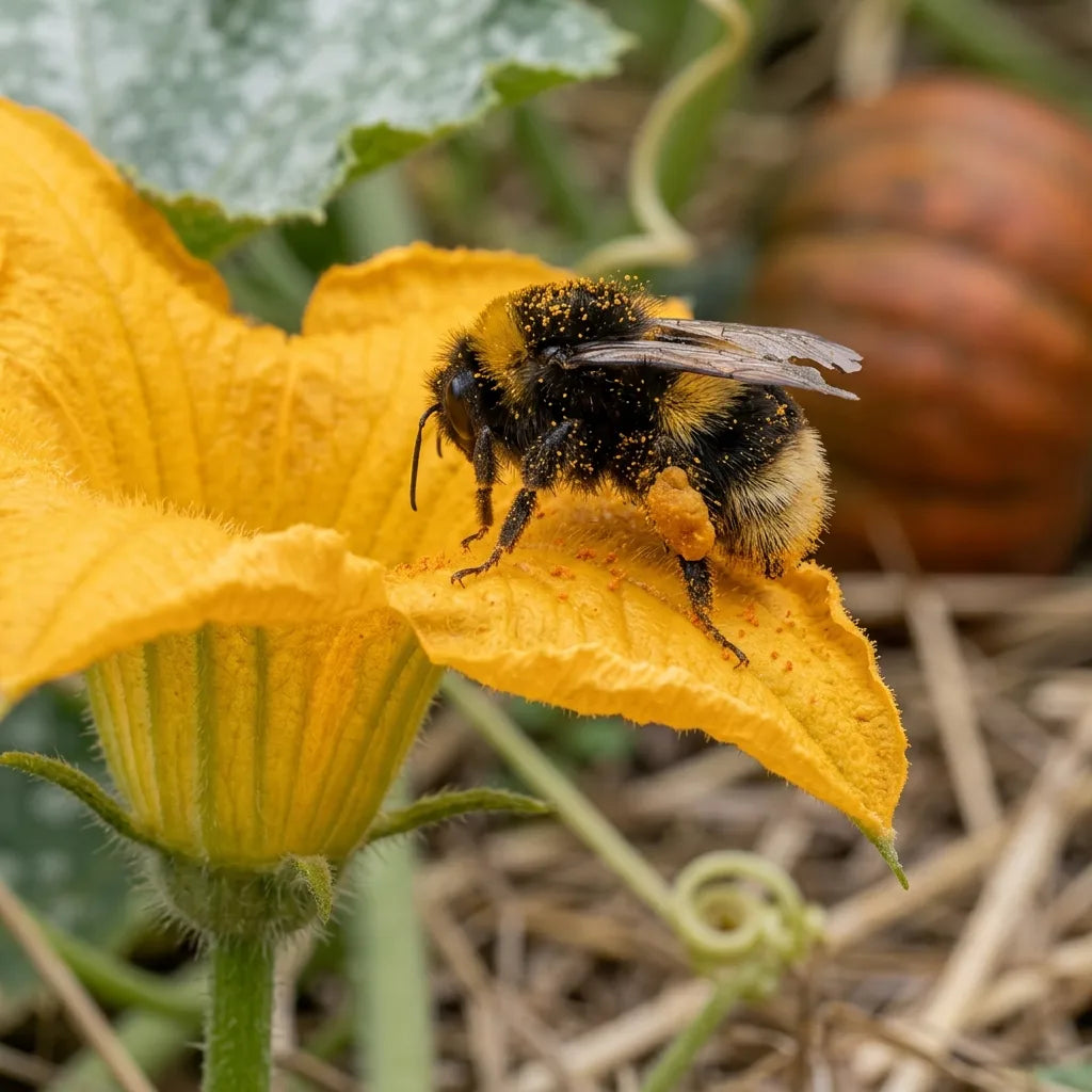 Bourdon couvert de pollen orange ressortant d'une fleur de courge — SemiSauvage