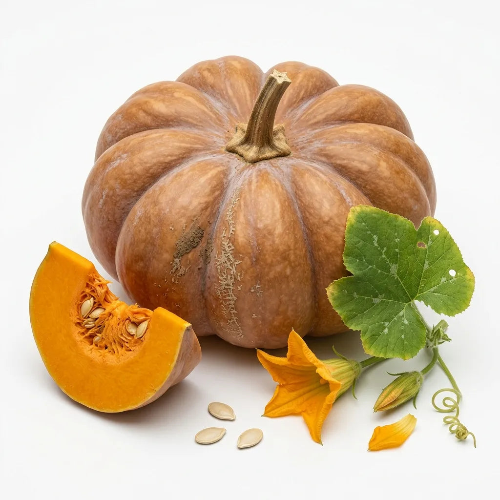 Courge musquée de Provence (Cucurbita moschata) entière et tranchée, feuille et fleur, sur fond blanc — SemiSauvage