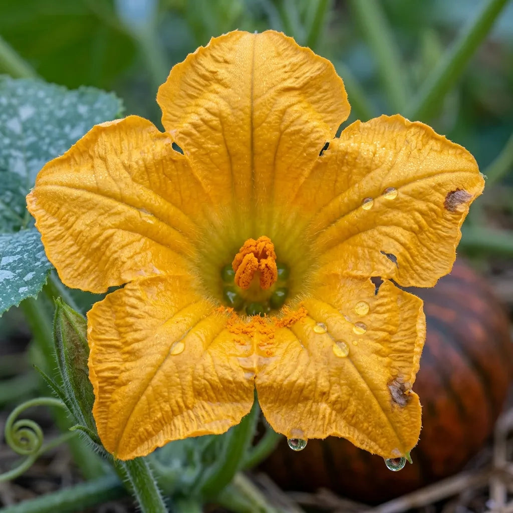 Macro d'une fleur de courge musquée ouverte à l'aube, couverte de rosée — SemiSauvage