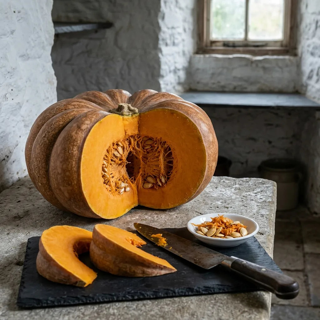 Courge musquée entamée conservée en tranches dans un cellier de pierre — SemiSauvage