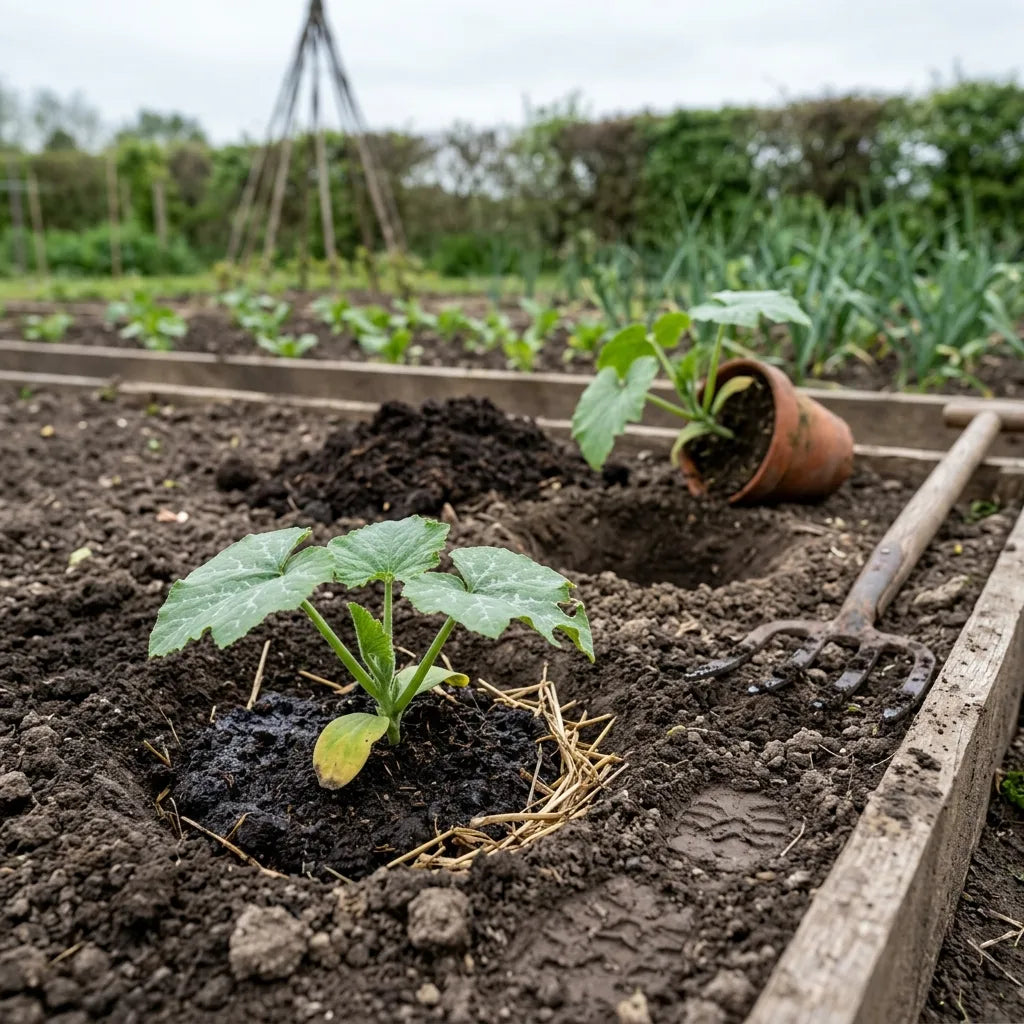 Plantation d'un jeune plant de courge musquée en poquet enrichi de compost — SemiSauvage