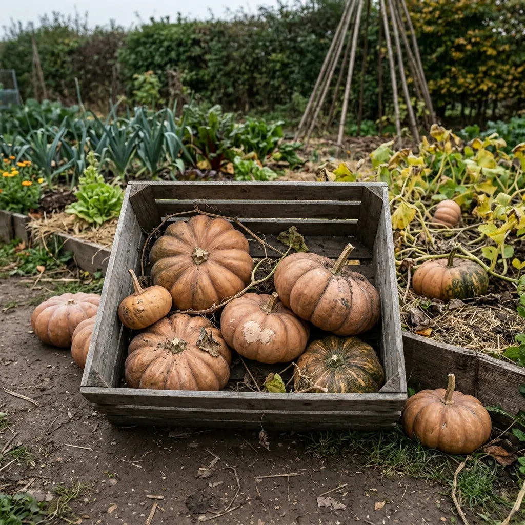 Récolte de courges musquées dans une grande cagette au potager en permaculture — SemiSauvage