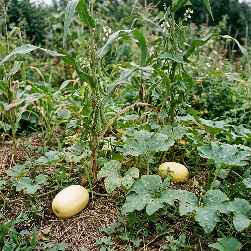 Courge Spaghetti associée au maïs et au haricot à rames dans un potager en permaculture — SemiSauvage