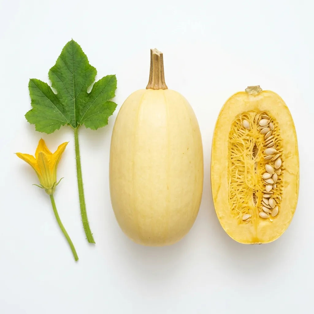 Fruit entier, moitié aux filaments dorés, feuille et fleur de Courge Spaghetti (Cucurbita pepo) sur fond blanc — SemiSauvage