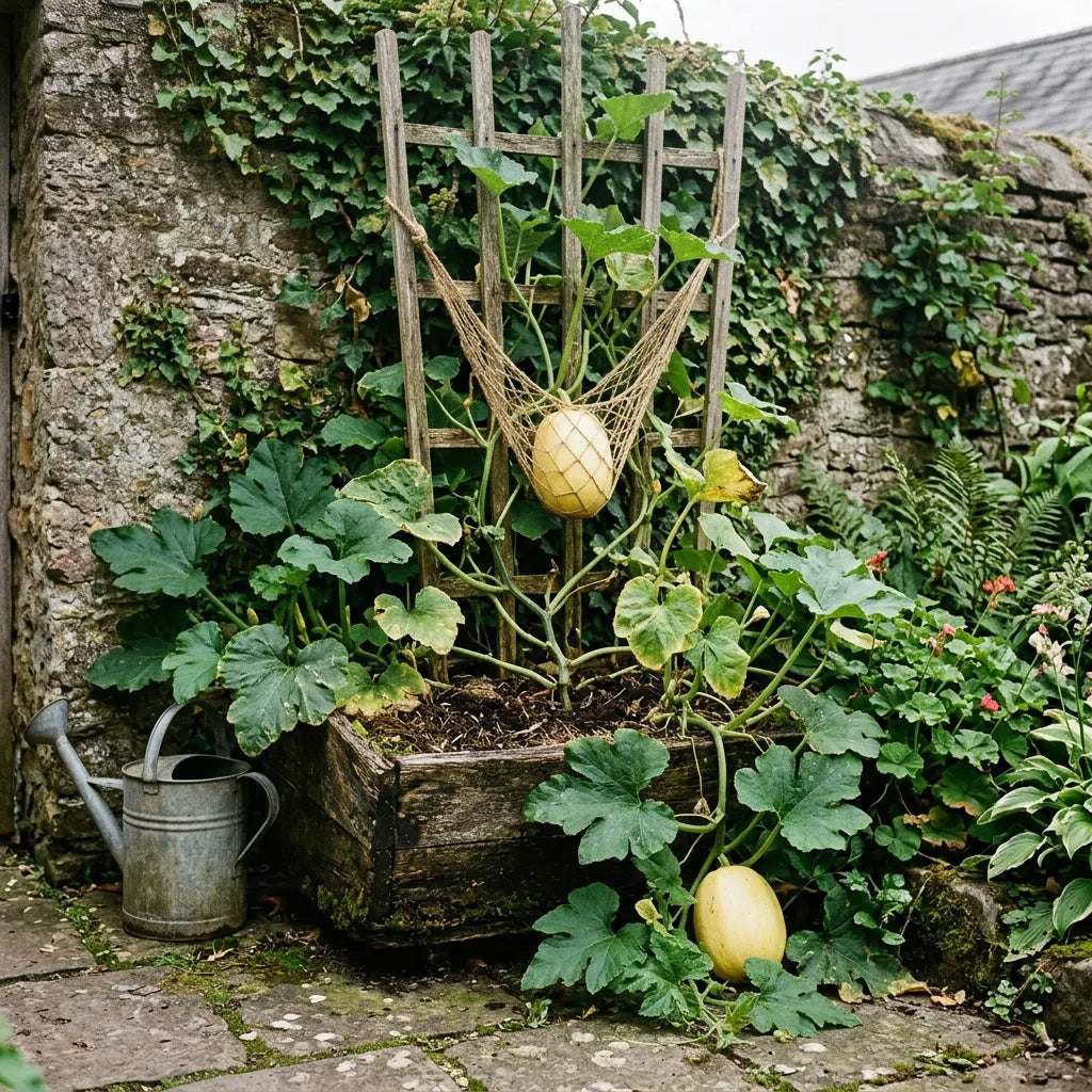 Courge Spaghetti cultivée en grand bac et palissée sur un treillage, fruit soutenu par un filet — SemiSauvage