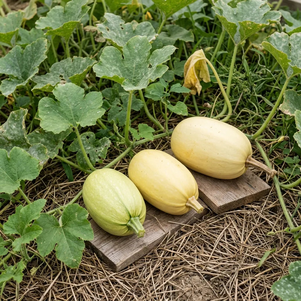 Pied de Courge Spaghetti au potager, fruits jaune ivoire posés sur des planches au-dessus du paillage — SemiSauvage
