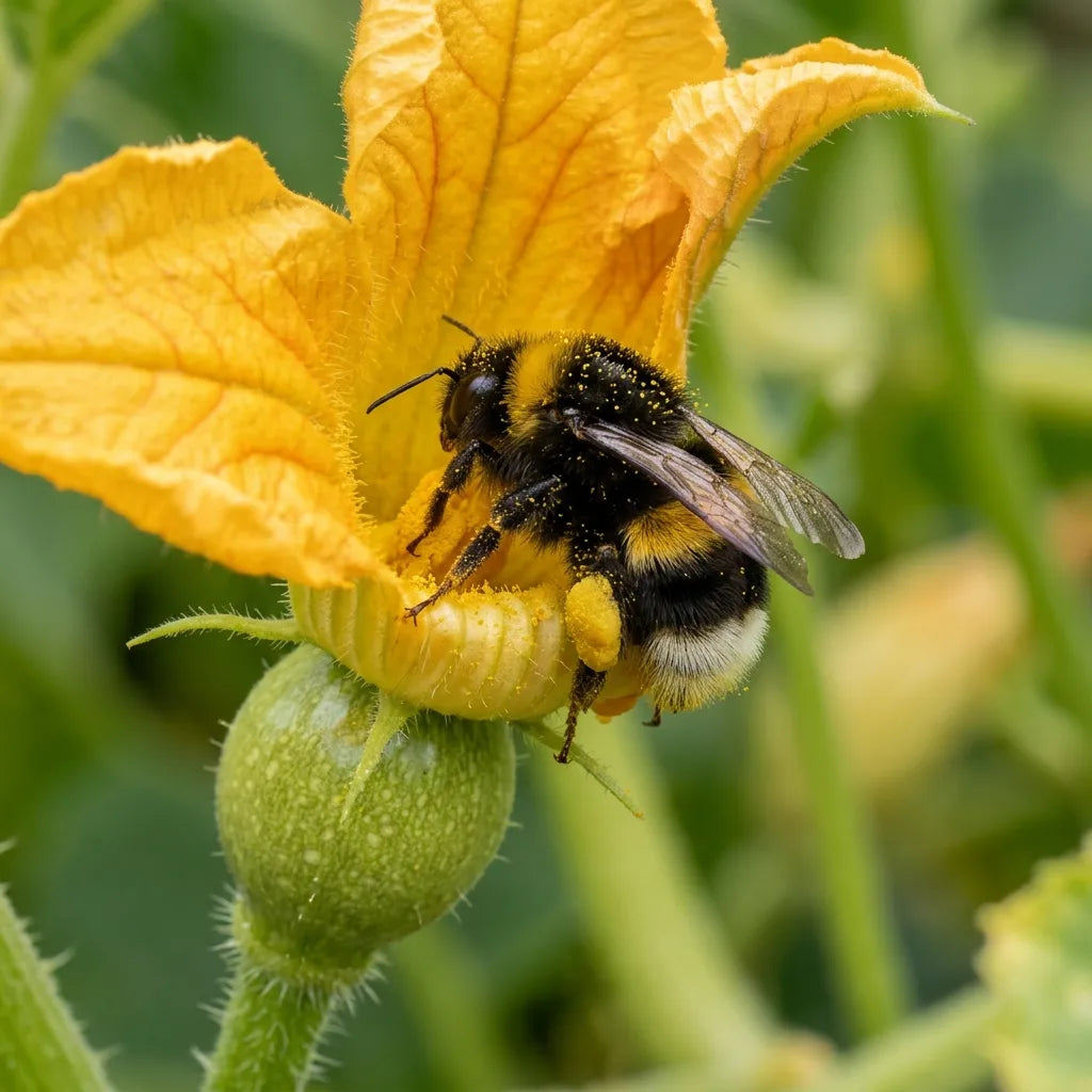 Bourdon chargé de pollen dans une fleur femelle de Courge Spaghetti, ovaire renflé visible — SemiSauvage