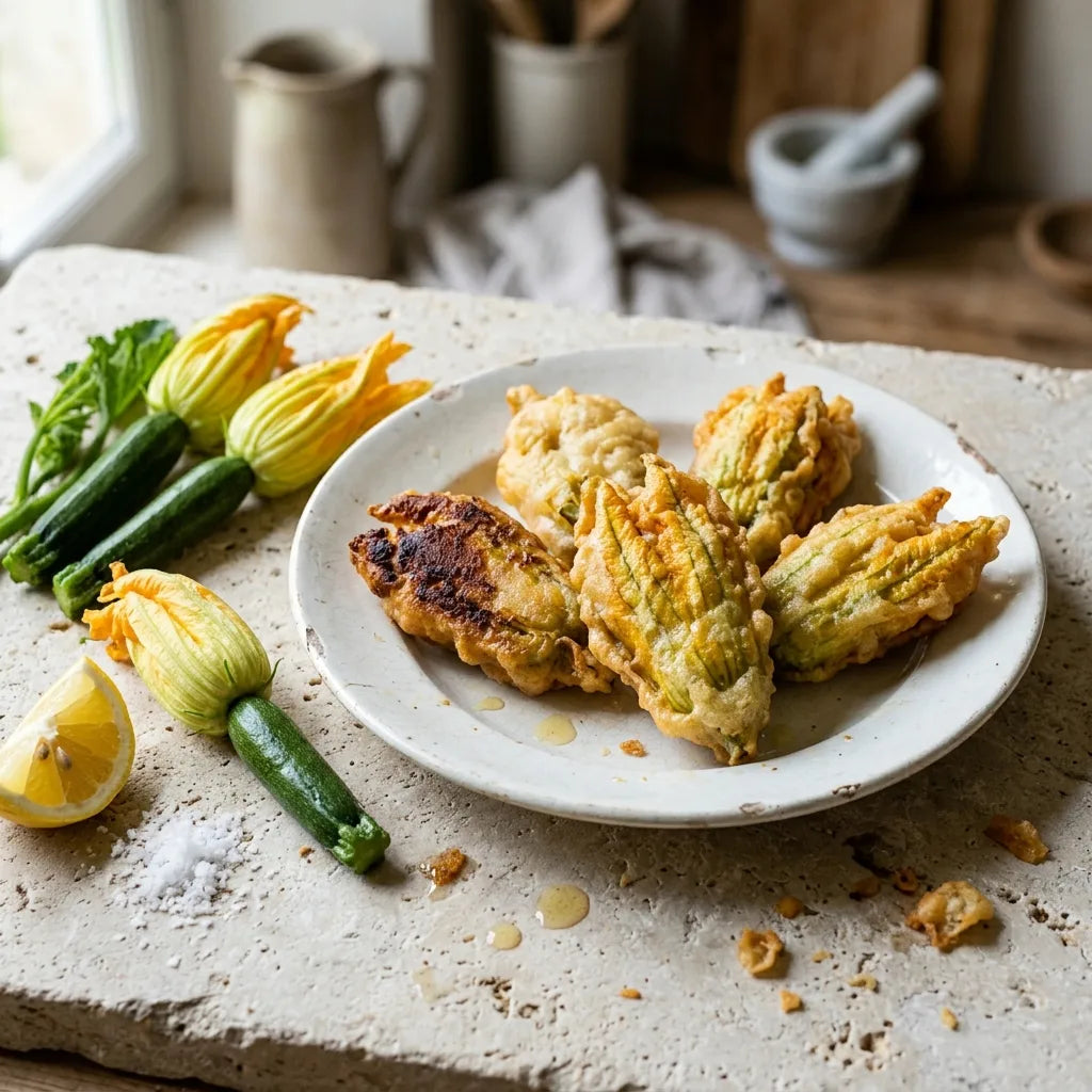 Beignets de fleurs de courgette dorés servis dans un plat de faïence ancienne — SemiSauvage