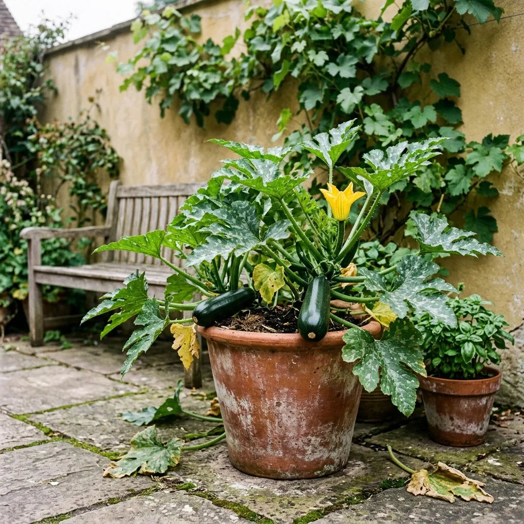 Courgette Black Beauty cultivée en grand pot de terre cuite dans une cour de jardin close — SemiSauvage