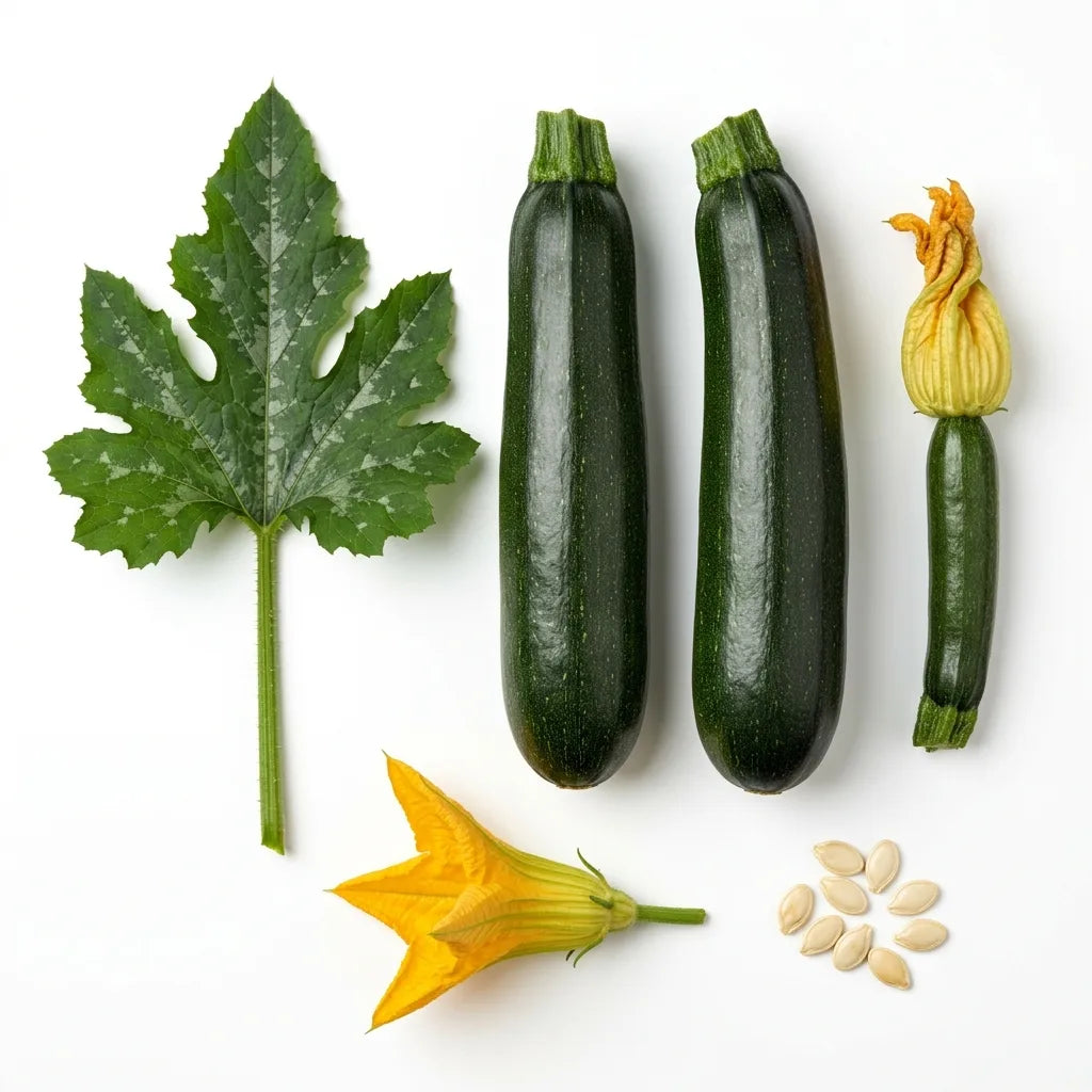 Fruits, jeune courgette, feuille marbrée, fleur et graines de Courgette Black Beauty sur fond blanc — SemiSauvage