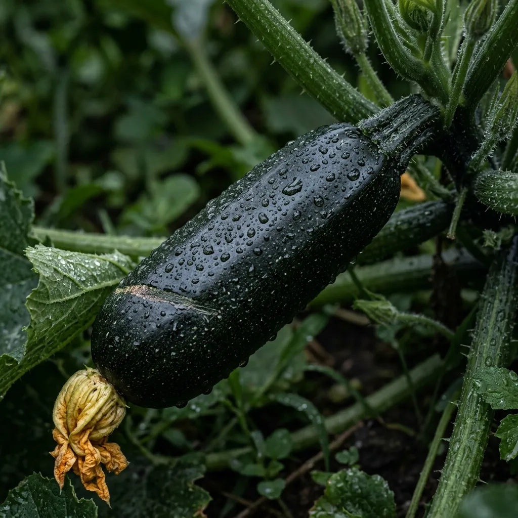 Jeune courgette Black Beauty couverte de rosée, fleur fanée encore attachée, macro — SemiSauvage