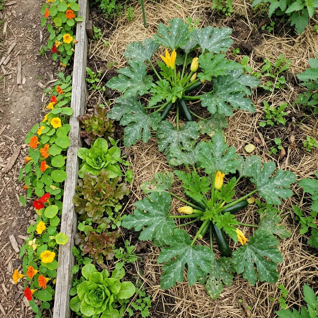 Courgettes Black Beauty sur une planche de potager en permaculture, bordée de capucines naines — SemiSauvage