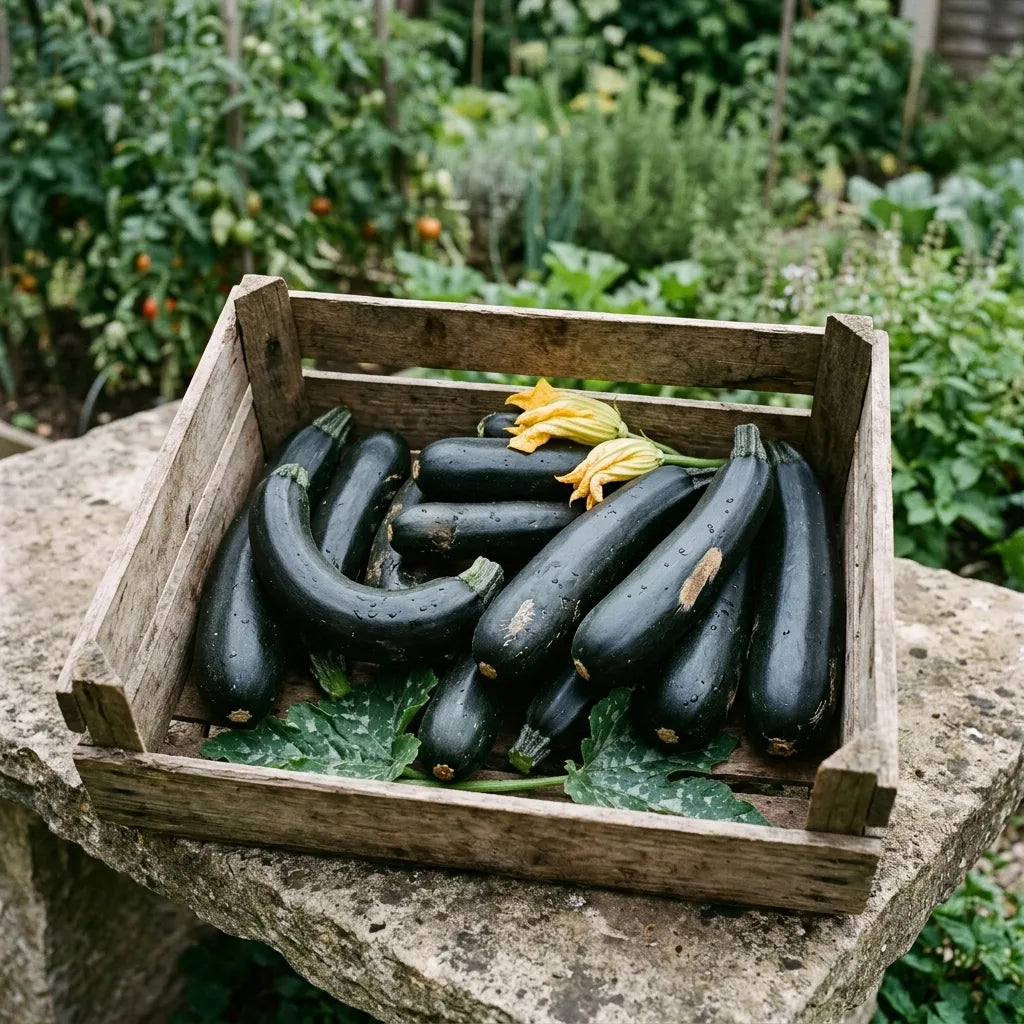 Récolte de courgettes Black Beauty en vrac dans une cagette de bois au potager — SemiSauvage