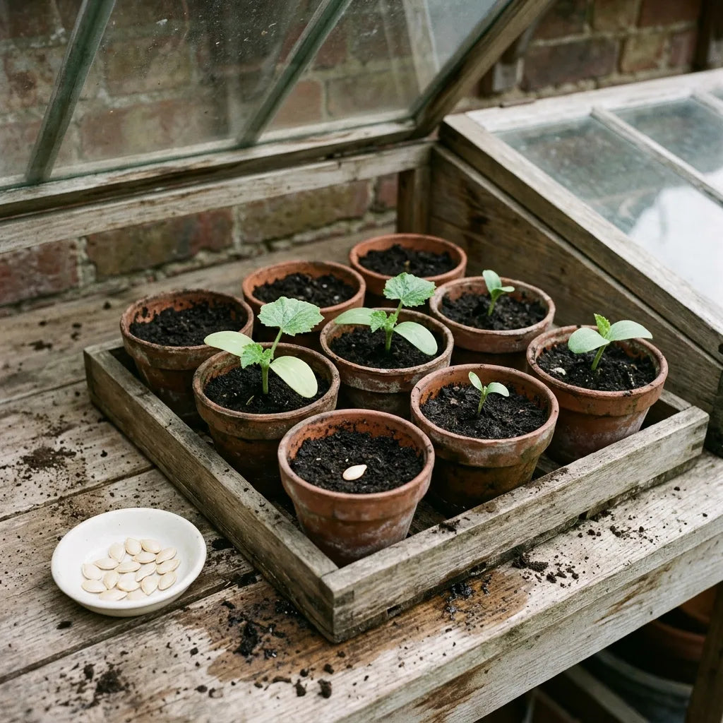 Semis de Courgette Black Beauty en godets de terre cuite sous châssis, graines plates crème — SemiSauvage