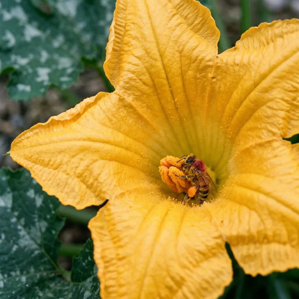 Abeille poudrée de pollen au fond d'une fleur mâle de courgette, tôt le matin — SemiSauvage