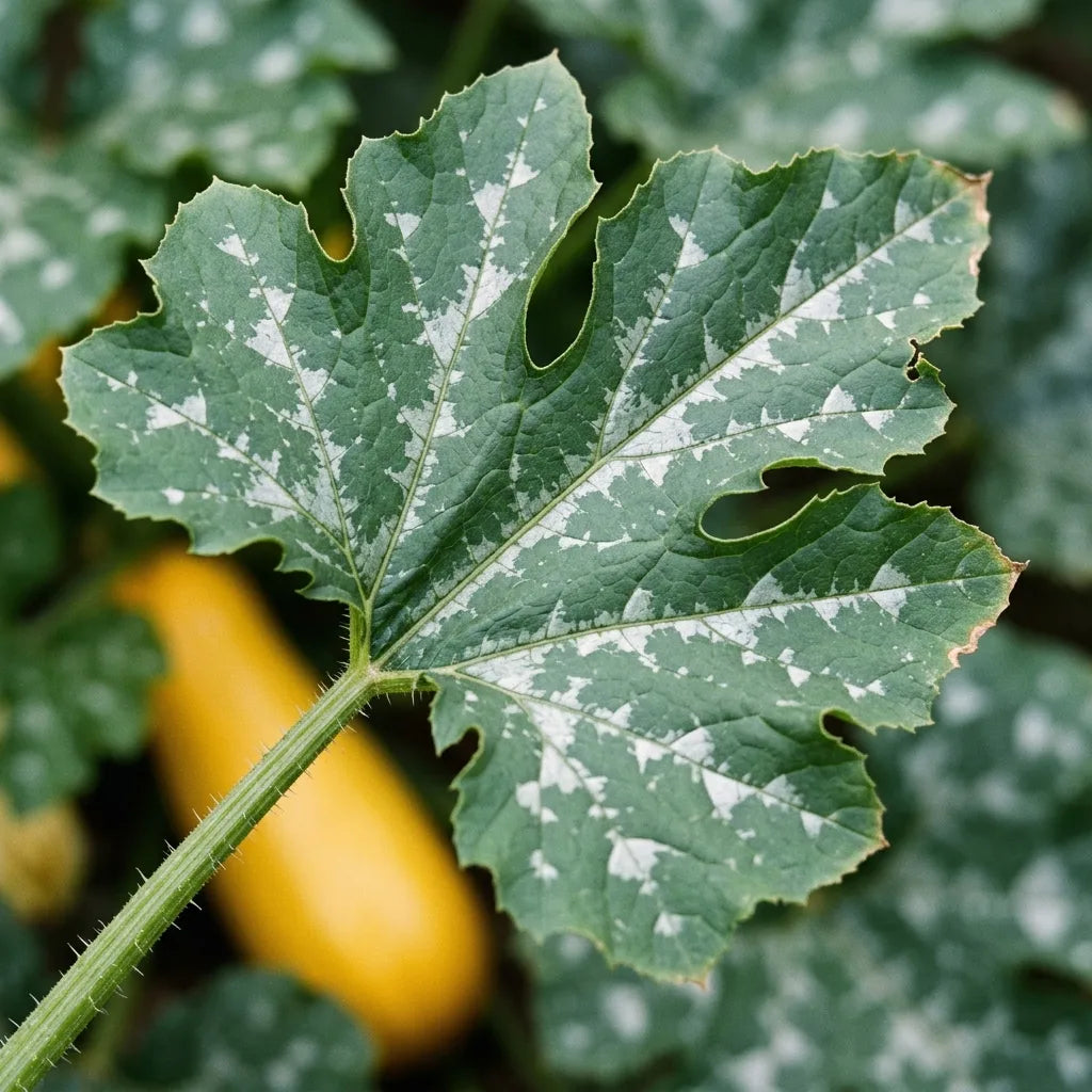 Feuille palmatilobée de courgette marbrée d'argenté et pétiole hérissé de poils raides — SemiSauvage