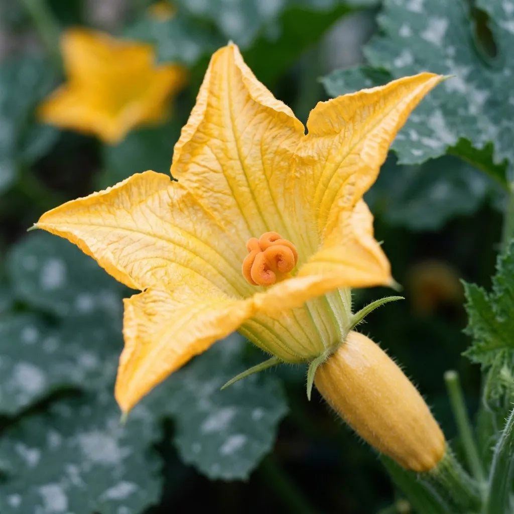 Fleur femelle de courgette, sessile sur son jeune fruit, stigmate orange à trois lobes — SemiSauvage