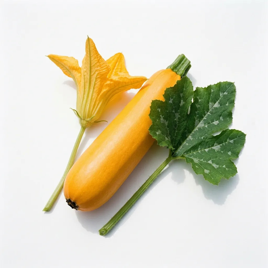 Courgette Goldena (Cucurbita pepo) sur fond blanc : fruit jaune d'or, fleur et feuille marbrée — SemiSauvage