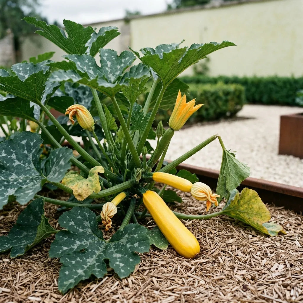 Pied compact de courgette Goldena en production, fruits jaunes bien visibles sous le feuillage — SemiSauvage