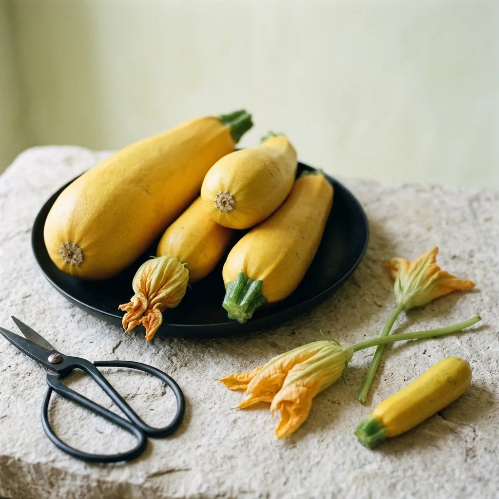 Récolte de courgettes Goldena et fleurs mâles cueillies pour les beignets — SemiSauvage