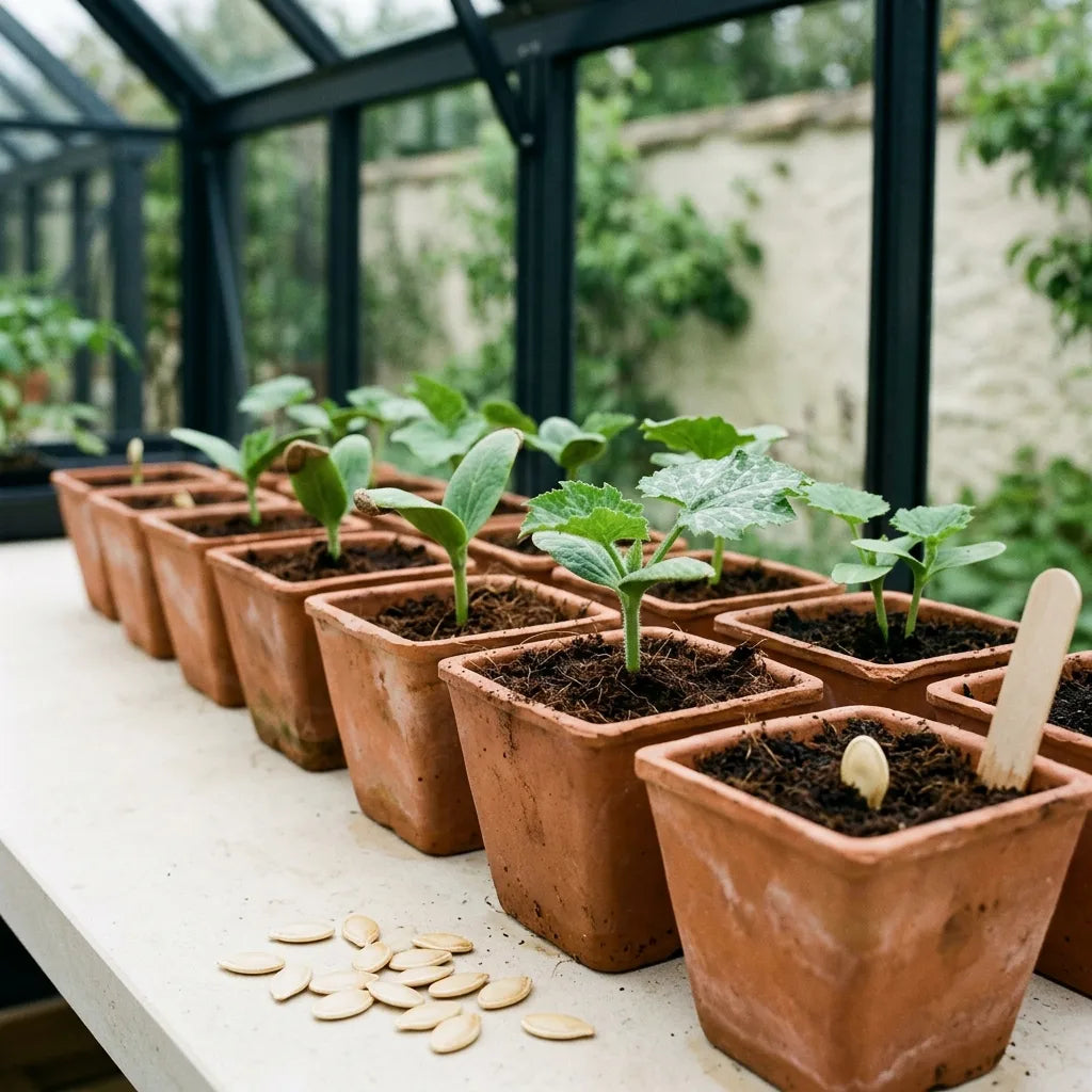Semis de courgette en godets : cotylédons, premières feuilles et graines posées sur la tranche — SemiSauvage