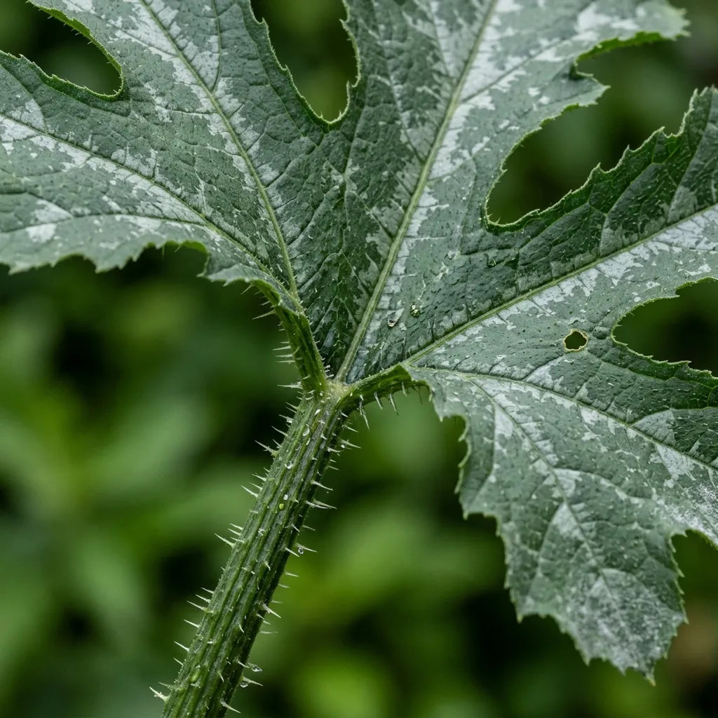 Pétiole hérissé de poils raides et marbrures argentées d'une feuille de Cucurbita pepo, détail botanique — SemiSauvage