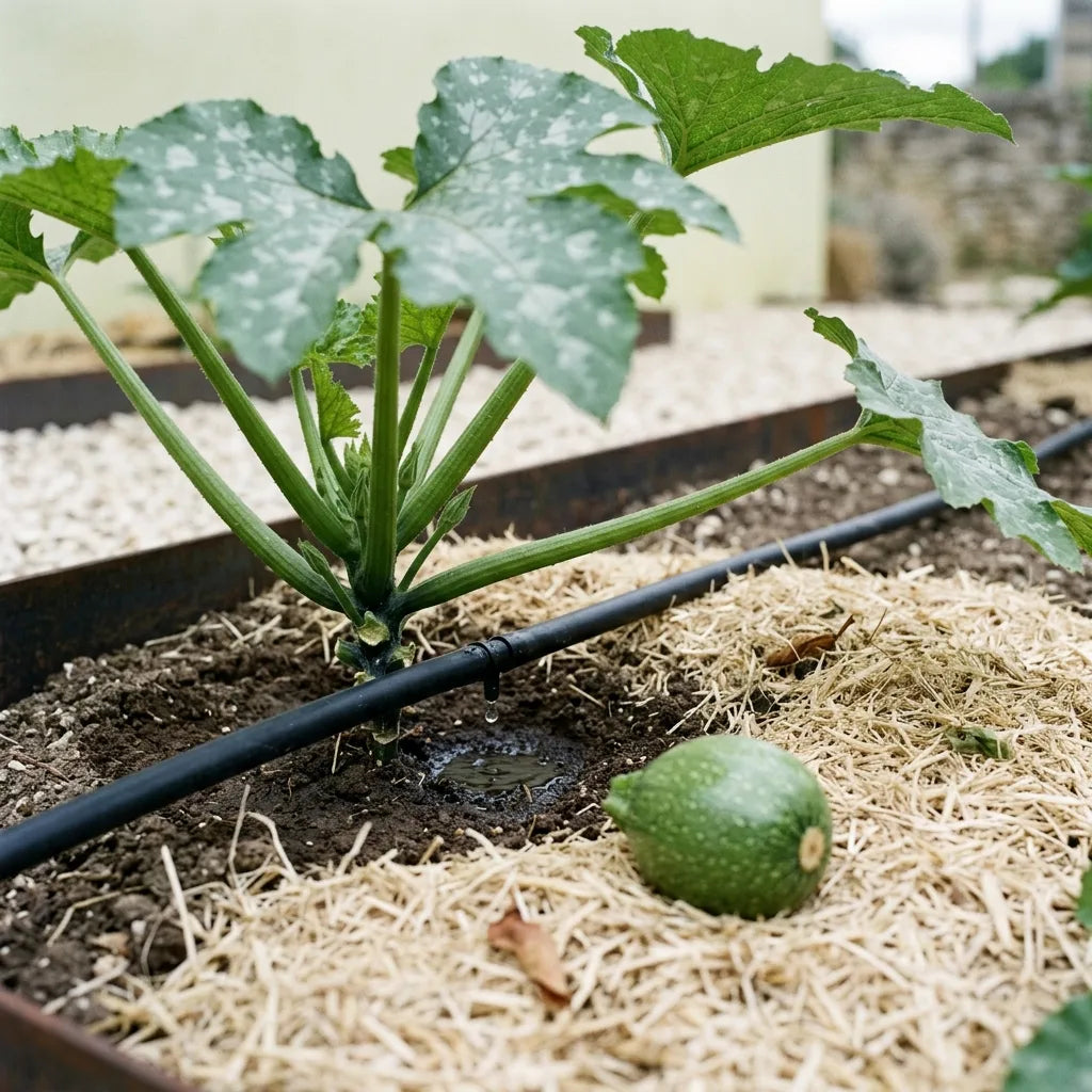 Arrosage au pied et paillage épais au collet d'une courgette, feuillage gardé sec — SemiSauvage