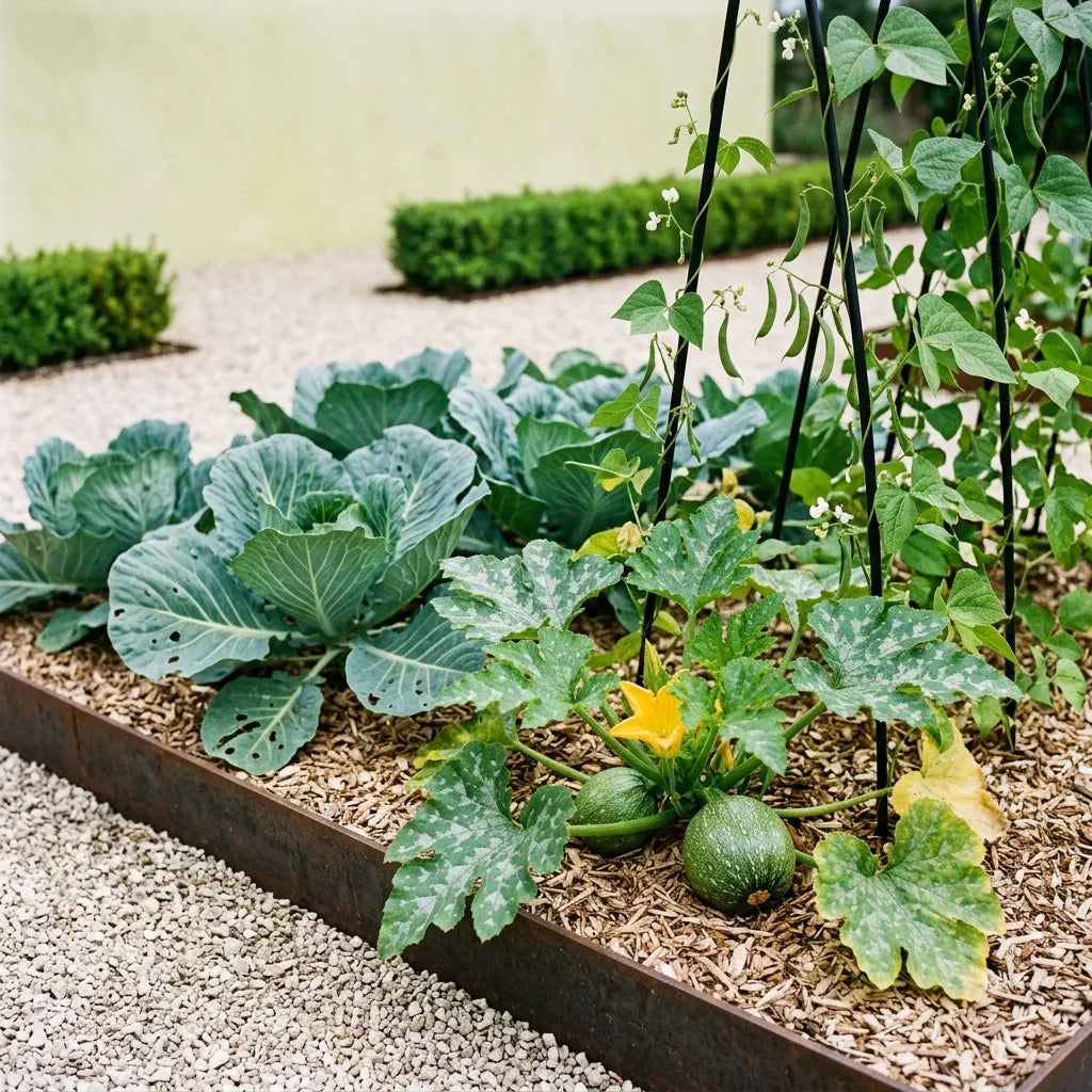 Courgette ronde associée aux choux et aux haricots à rames au potager — SemiSauvage