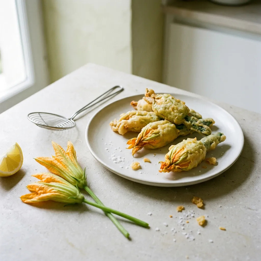 Beignets de fleurs de courgette et fleurs crues fraîchement cueillies — SemiSauvage