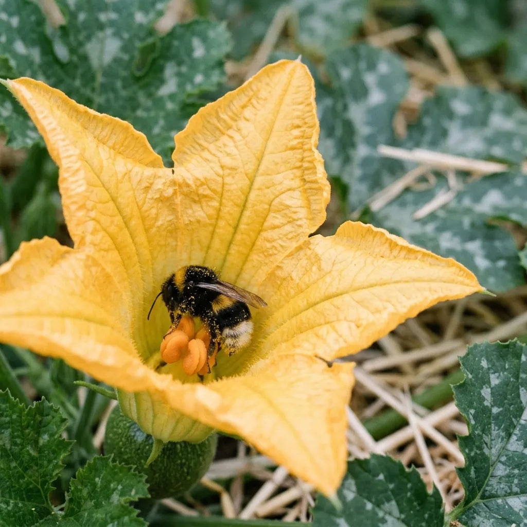 Bourdon poudré de pollen au fond d'une fleur femelle de courgette ronde — SemiSauvage