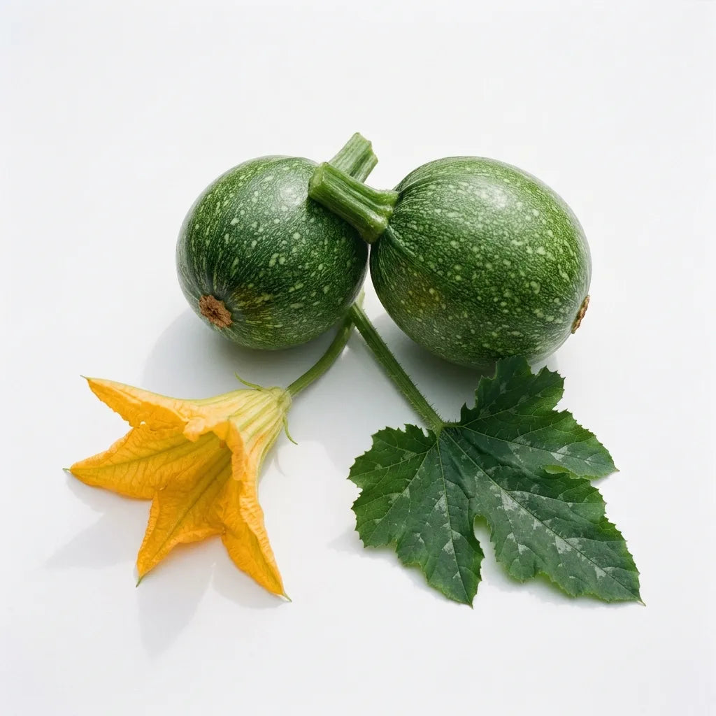 Courgettes rondes (Cucurbita pepo) sur fond blanc : fruits sphériques vert moucheté, fleur et feuille — SemiSauvage