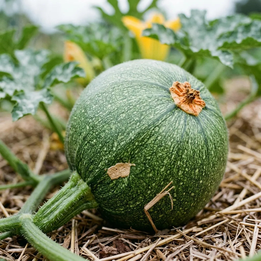 Macro d'une courgette ronde sur pied : peau mouchetée mate et cicatrice florale — SemiSauvage