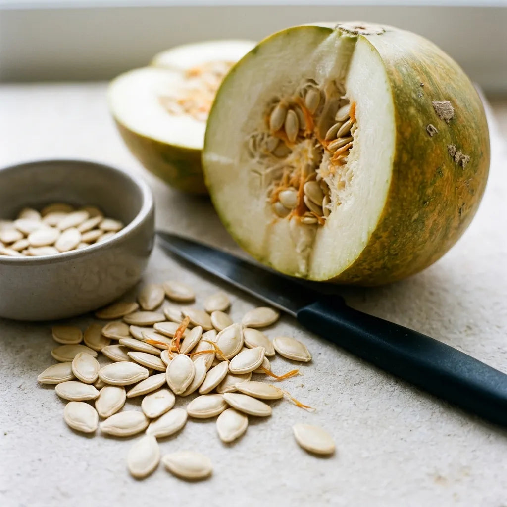 Fruit porte-graine de courgette ronde à peau durcie, coupé, et graines nettoyées — SemiSauvage