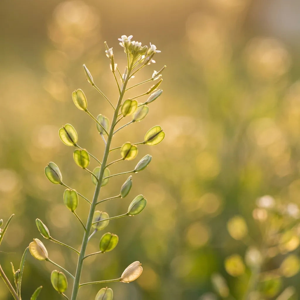 Silicules translucides de cresson alénois à contre-jour au soleil levant — SemiSauvage