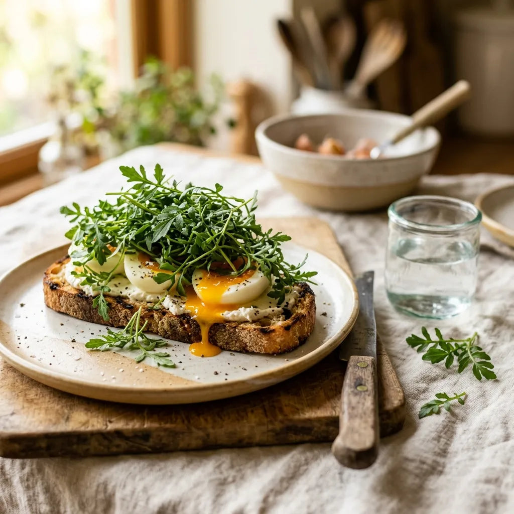 Tartine à l'œuf mollet généreusement garnie de cresson alénois — SemiSauvage