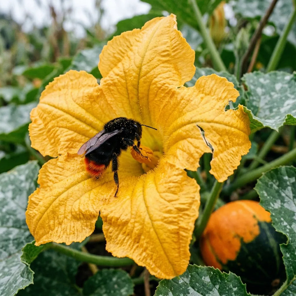 Bourdon des pierres couvert de pollen au fond d'une fleur de coloquinte Koshare — SemiSauvage