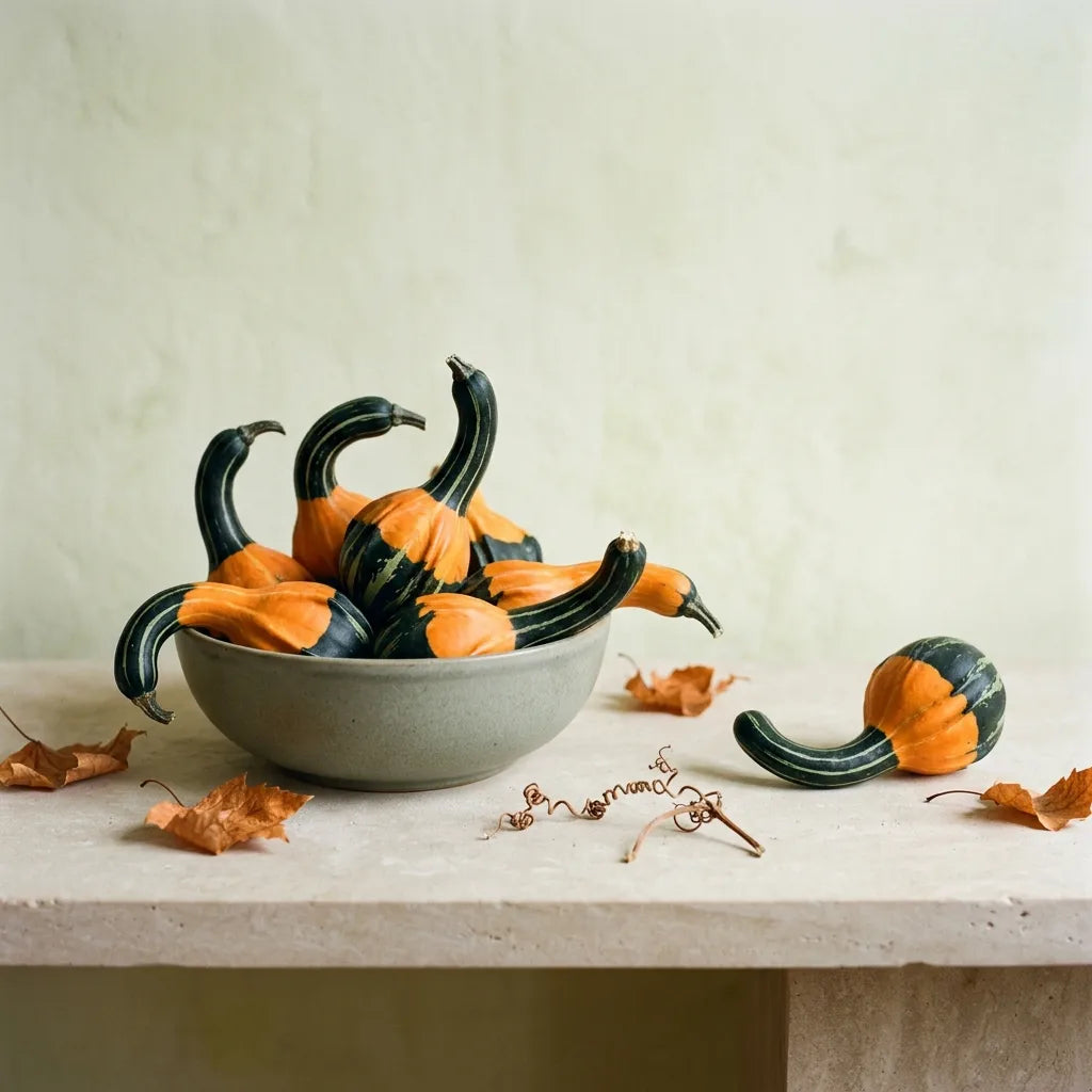 Composition d'automne : coloquintes Koshare en vrac dans une coupe de grès mat — SemiSauvage