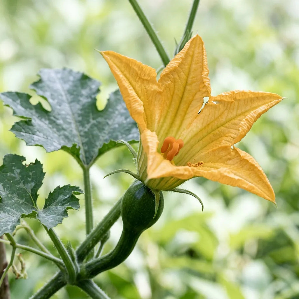 Fleur femelle de coloquinte Koshare et son jeune fruit déjà en forme de cuillère — SemiSauvage