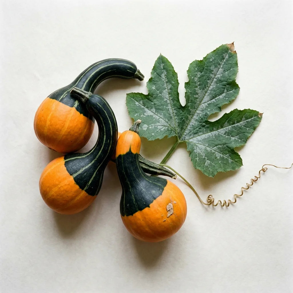 Coloquinte Koshare (Cucurbita pepo) sur fond blanc : fruits en cuillère bicolores, base orange et col vert presque noir — SemiSauvage