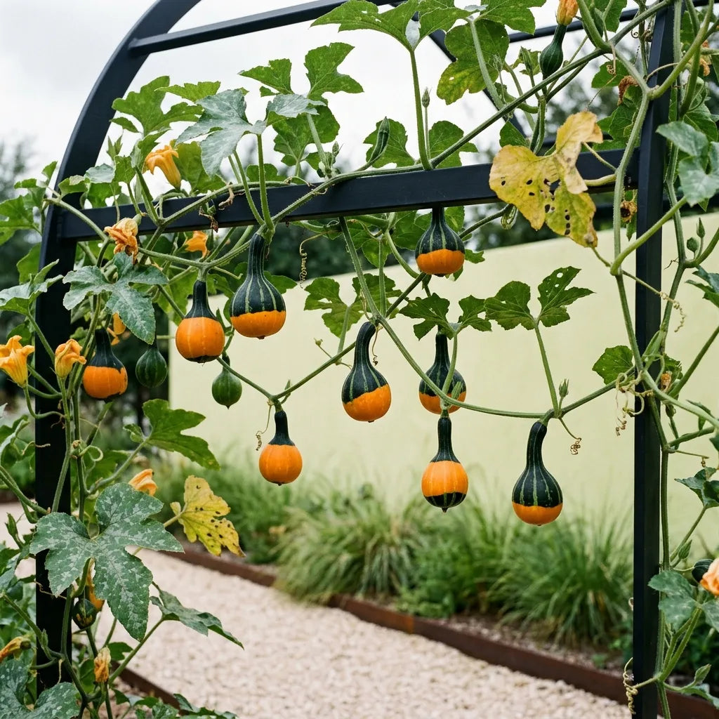 Liane de coloquinte Koshare grimpant sur une arche d'acier noir, fruits pendant librement — SemiSauvage