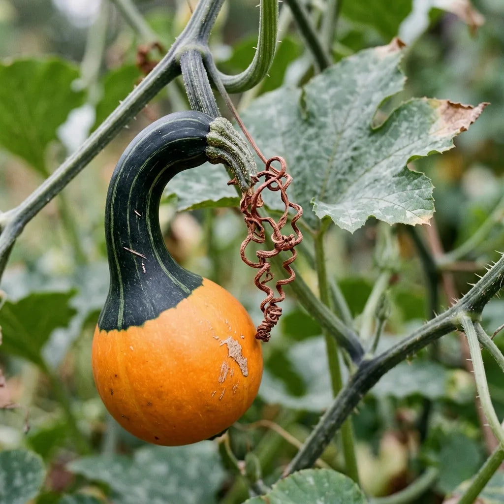 Macro d'une coloquinte Koshare sur pied : col courbé vert-noir, base orange et pédoncule anguleux à cinq côtes — SemiSauvage