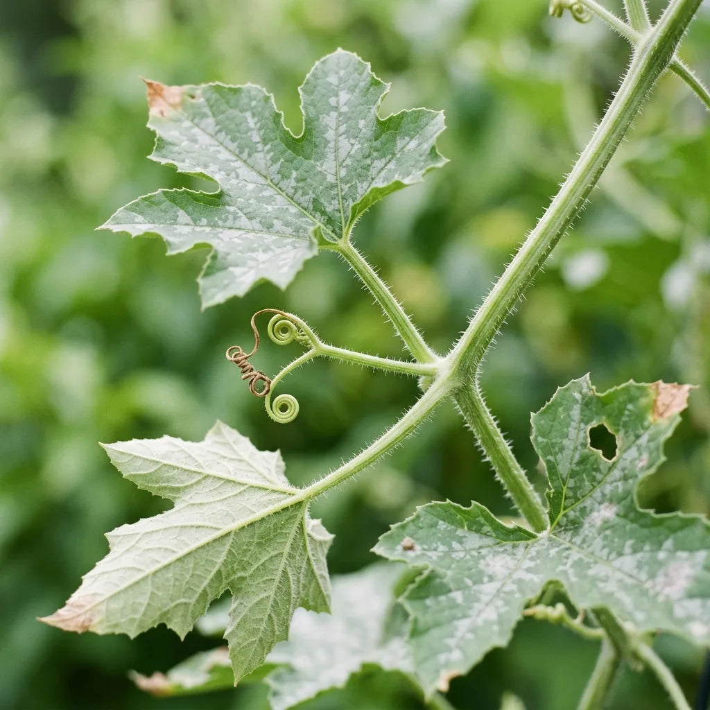 Tige anguleuse hérissée, vrilles ramifiées et feuilles palmées marbrées de la coloquinte Koshare — SemiSauvage