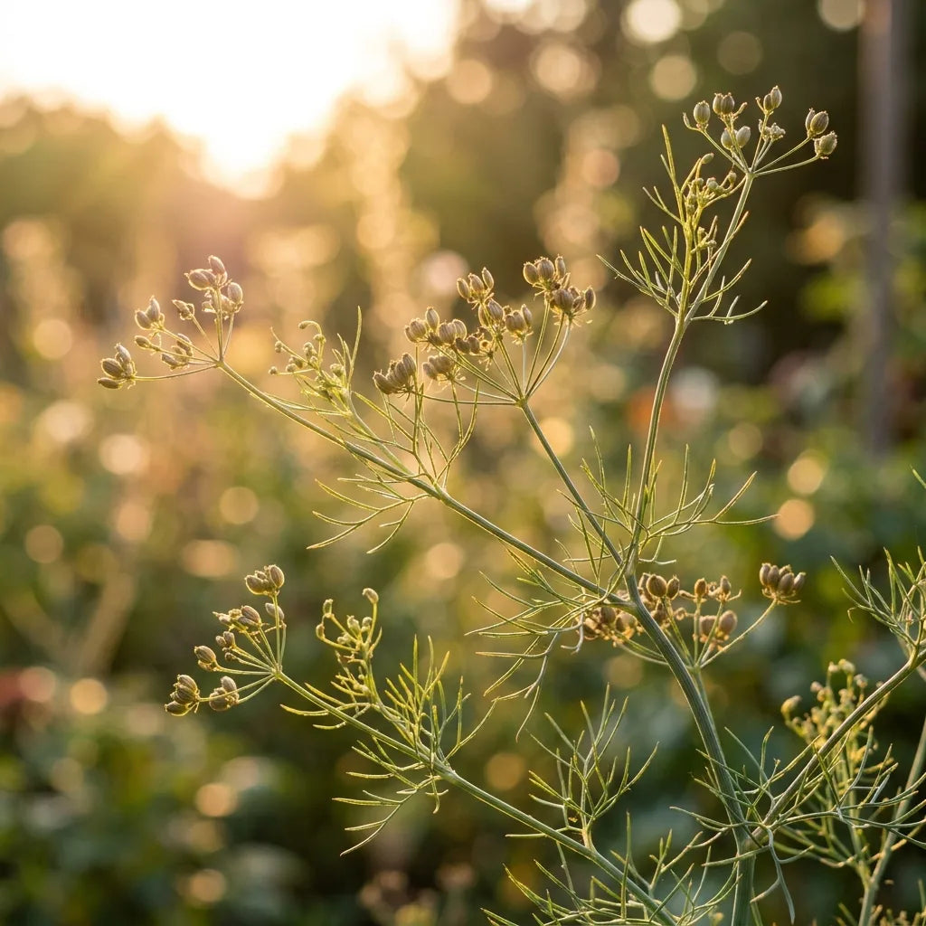 Feuillage filiforme et ombelles de cumin à contre-jour au soleil couchant — SemiSauvage