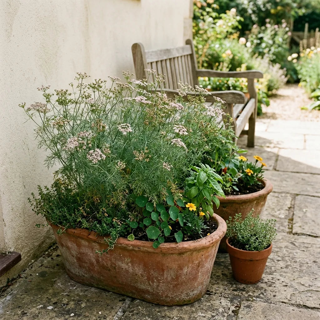 Cumin cultivé en jardinière de terre cuite sur une terrasse — SemiSauvage
