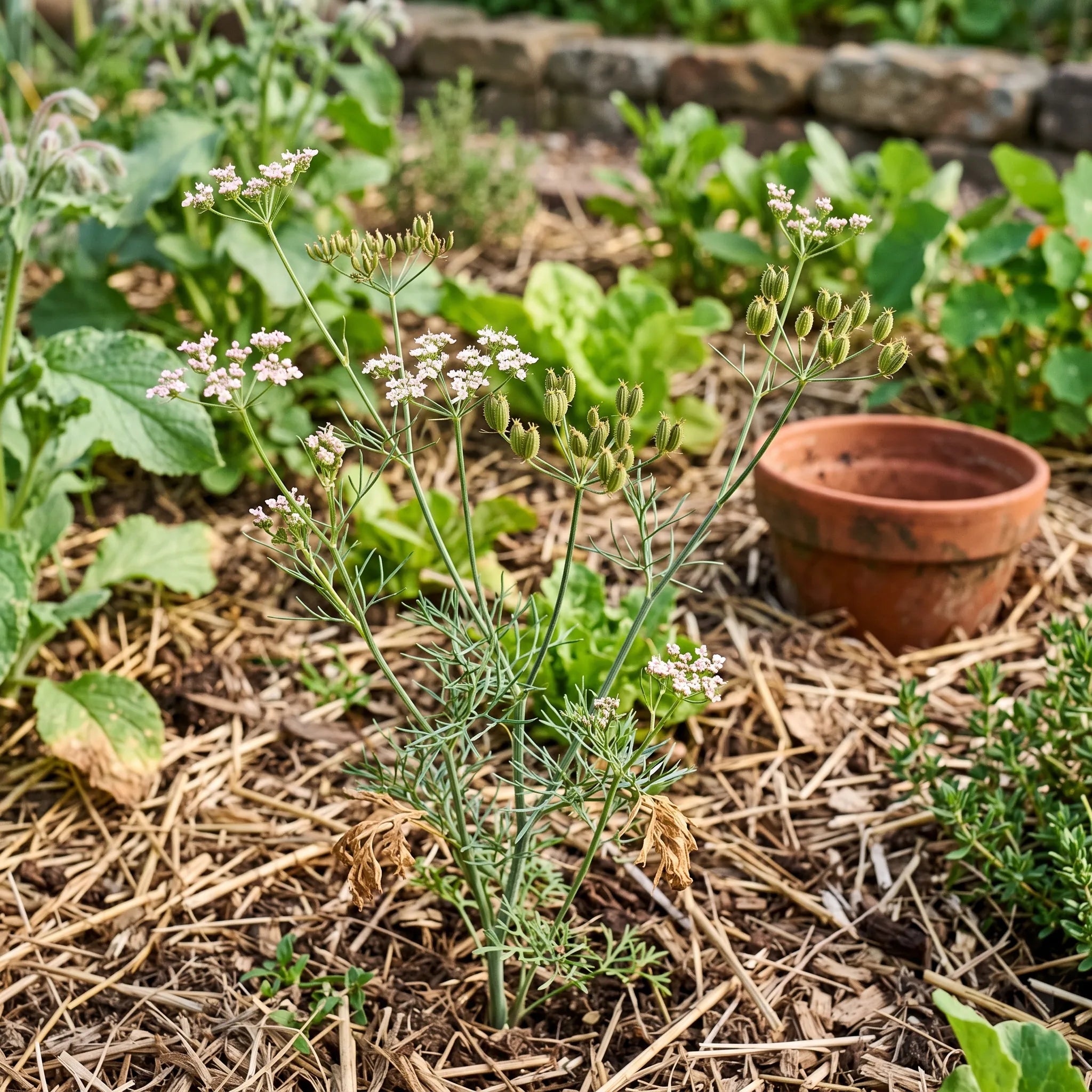 Pied de cumin en fleurs dans un potager en permaculture — SemiSauvage