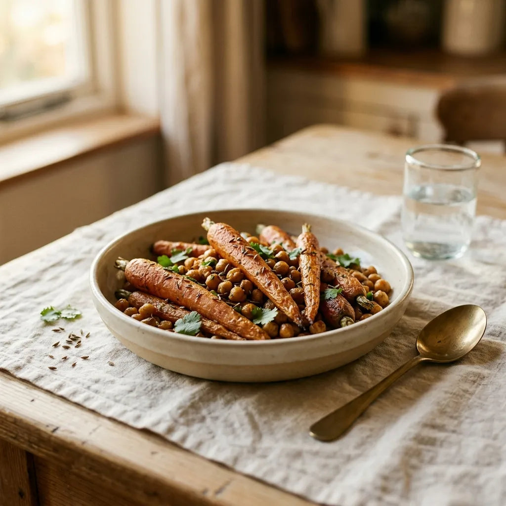 Carottes rôties aux graines de cumin dans un plat en céramique artisanale — SemiSauvage